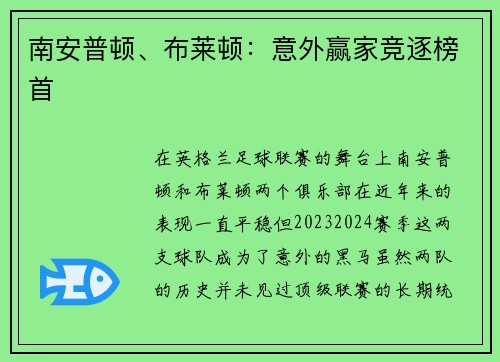 南安普顿、布莱顿:意外赢家竞逐榜首 南安普顿、布莱顿:意外赢家竞逐榜首